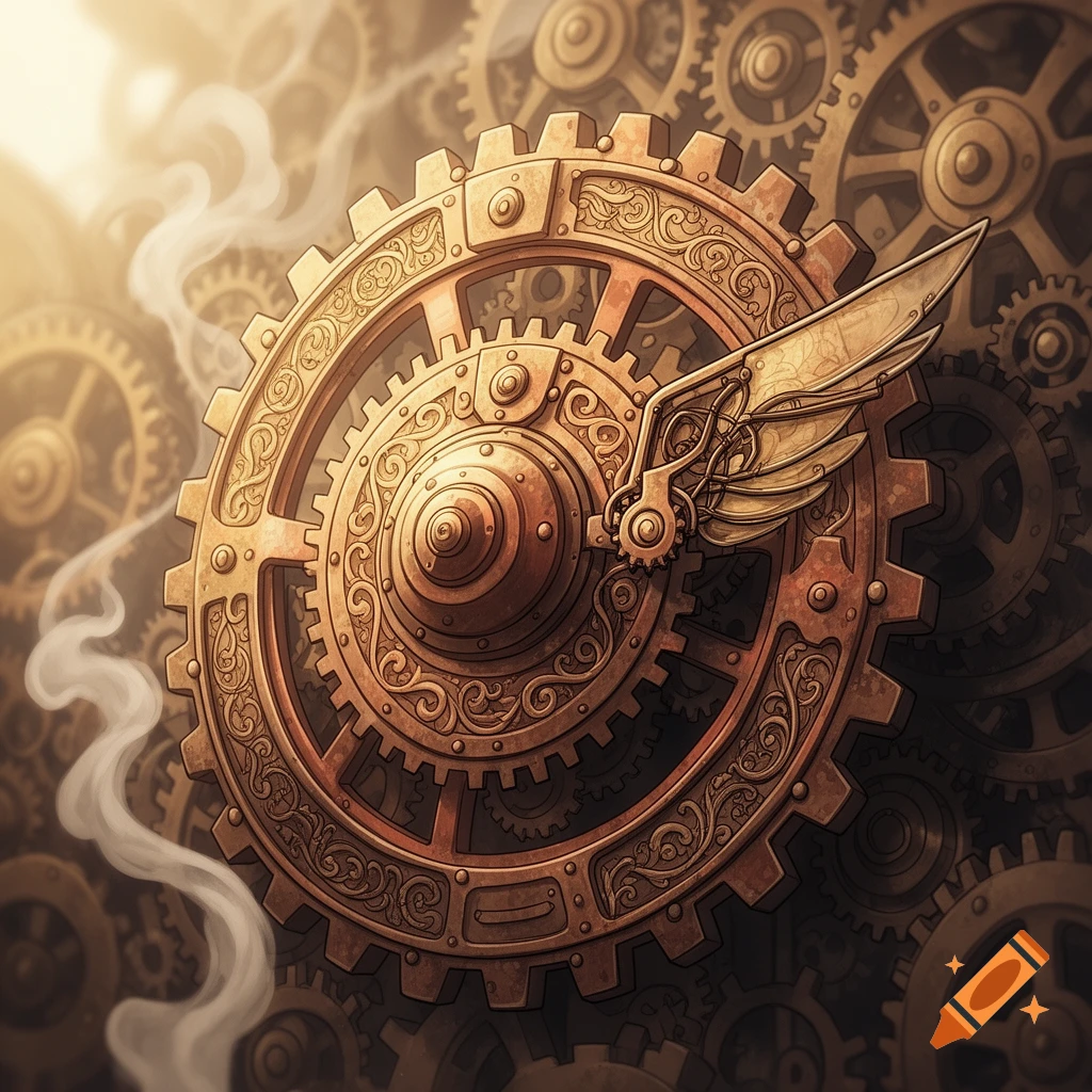 Ornate steampunk gear with mechanical wings, surrounded by other gears and wisps of smoke, in a stylized illustration.
