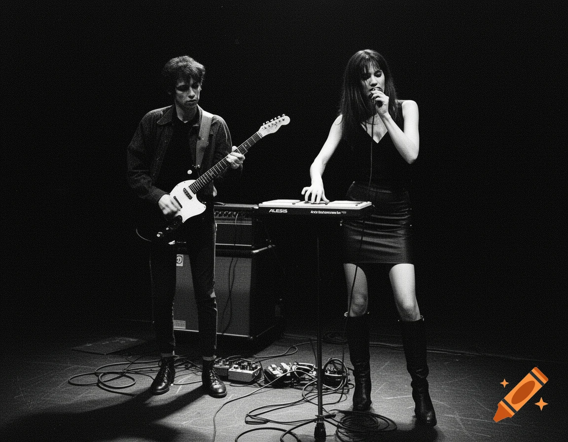 Black and white photo of a male guitarist and a female singer playing a keyboard on a dark stage.