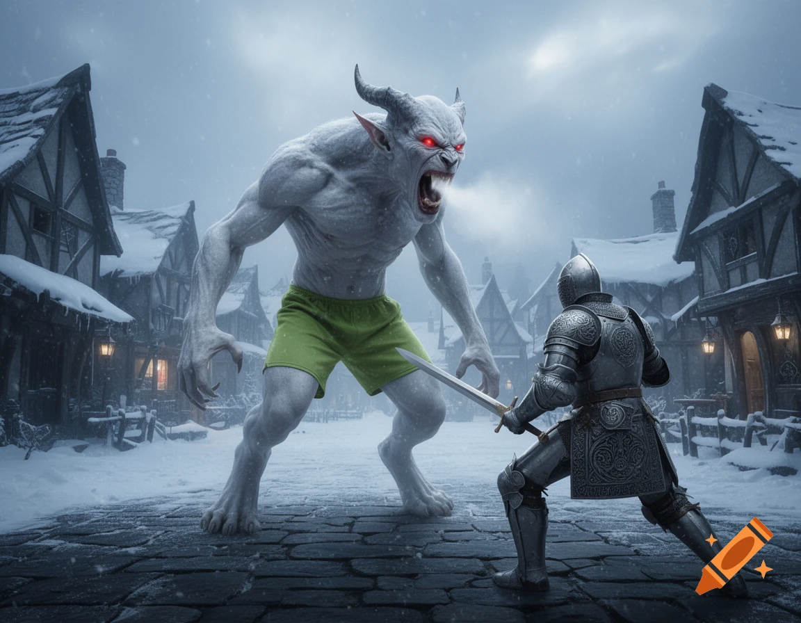 A pale horned demon with red eyes and green shorts roars at a knight in full armor in a snowy medieval village.