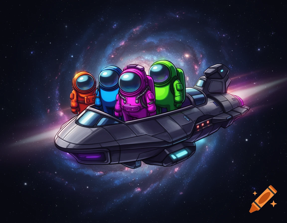 Four colorful Among Us crewmates in a spaceship fly through a vibrant galaxy, cartoon illustration.