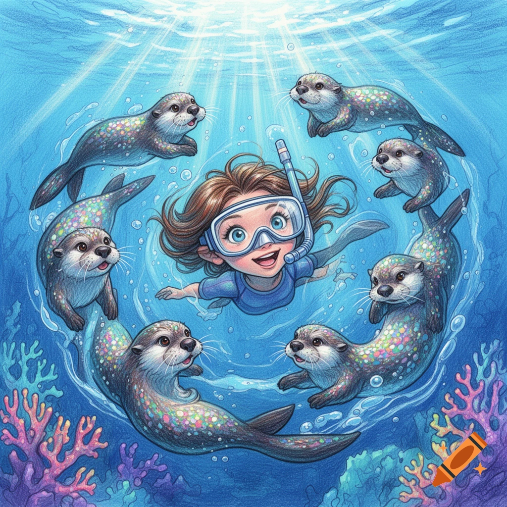 A happy girl in a snorkel mask swims underwater, surrounded by a ring of colorful, speckled sea otters, with coral below, in a vibrant sketch style.