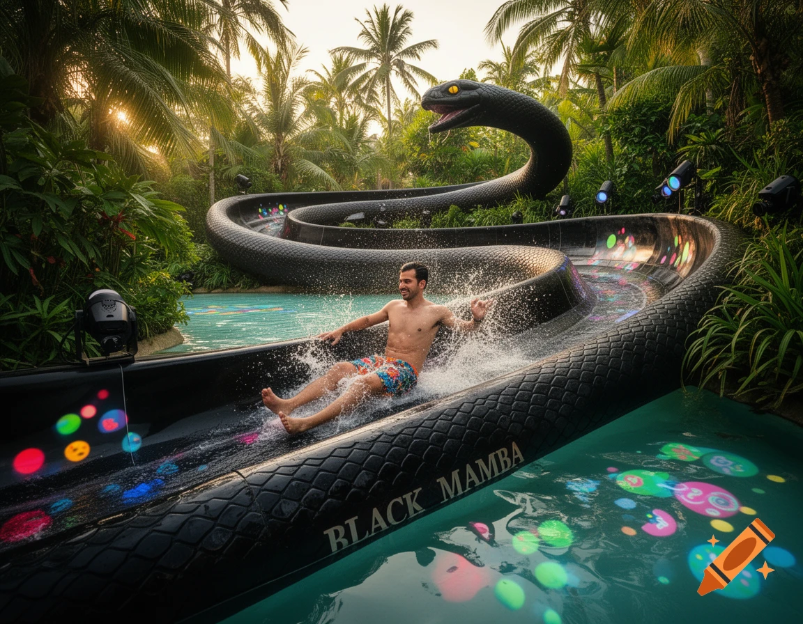 A man smiling and splashing water as he slides down a black snake-shaped waterslide named "BLACK MAMBA" amidst tropical palm trees.