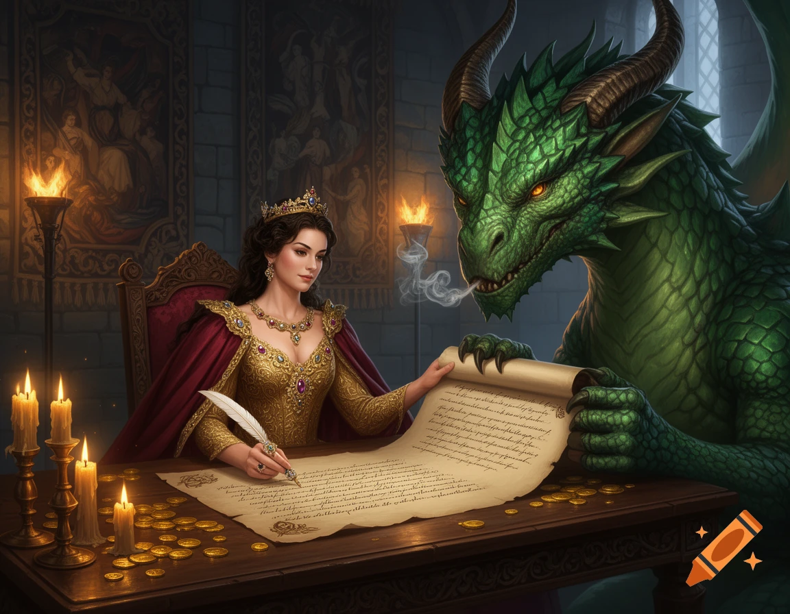 A majestic queen in a golden gown signs a parchment treaty as a large green dragon watches in a candlelit stone chamber.