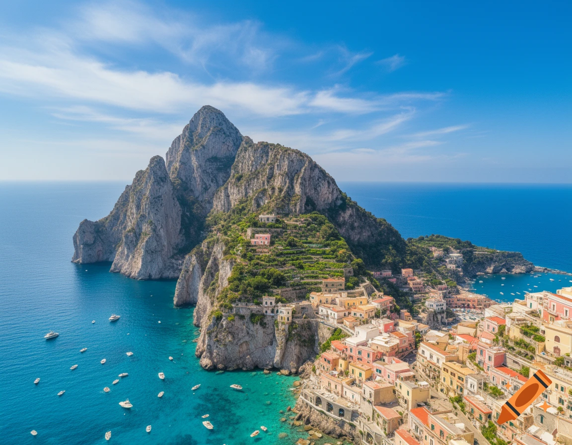 Aerial view of a vibrant coastal town with colorful buildings nestled against a towering rocky mountain by clear blue sea, dotted with boats.