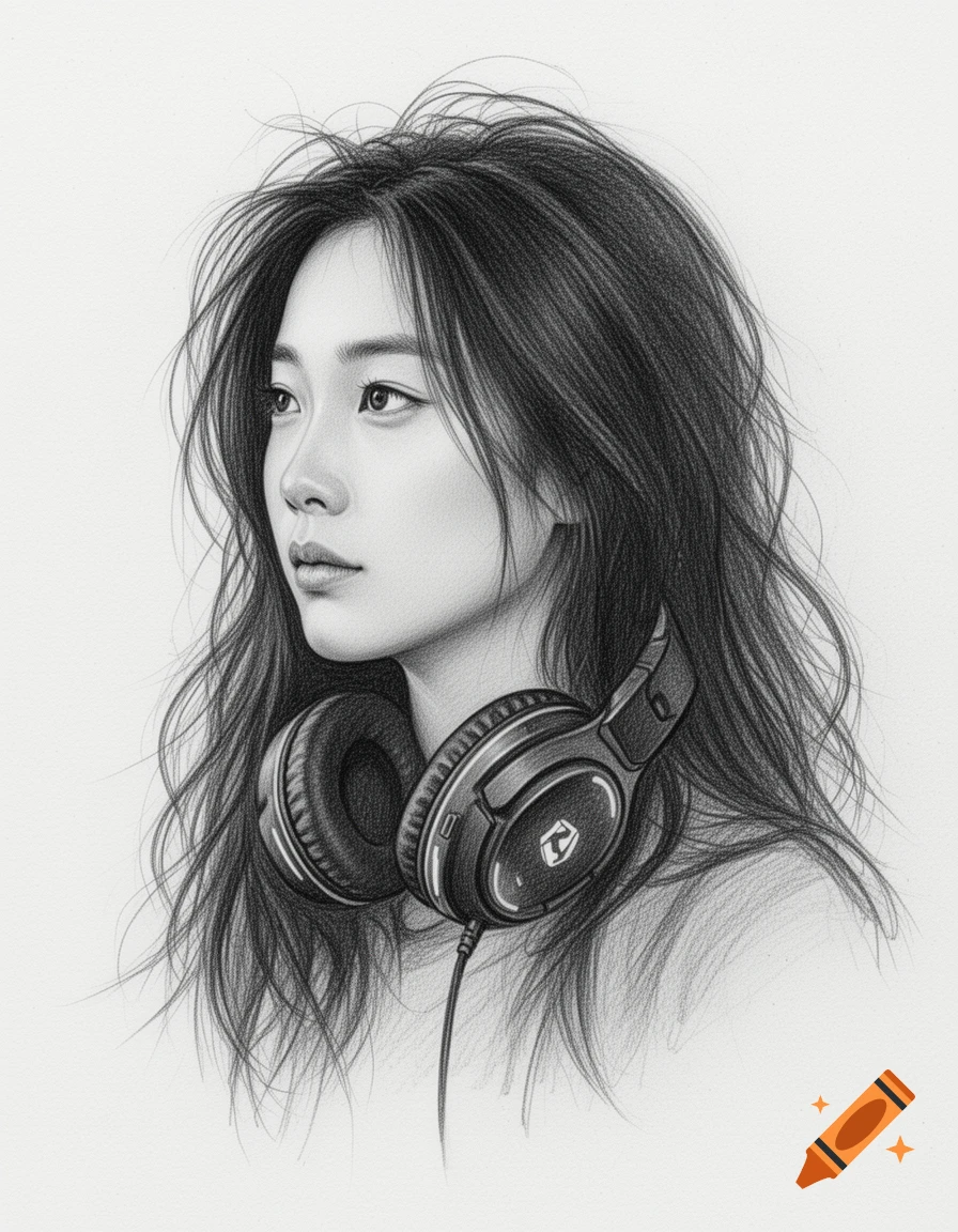 Pencil sketch of an Asian girl with long messy hair and gaming headphones around her neck, looking left.
