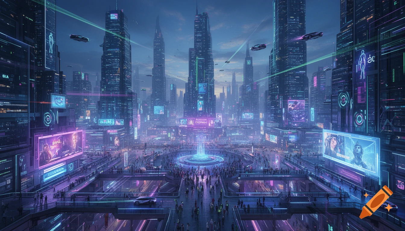 A sprawling, vibrant cyberpunk city at dusk, with towering skyscrapers ...