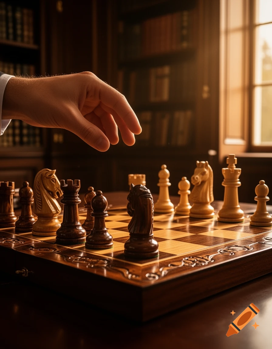 A hand moves a dark chess piece on a wooden board in a warmly lit room with bookshelves and a window.