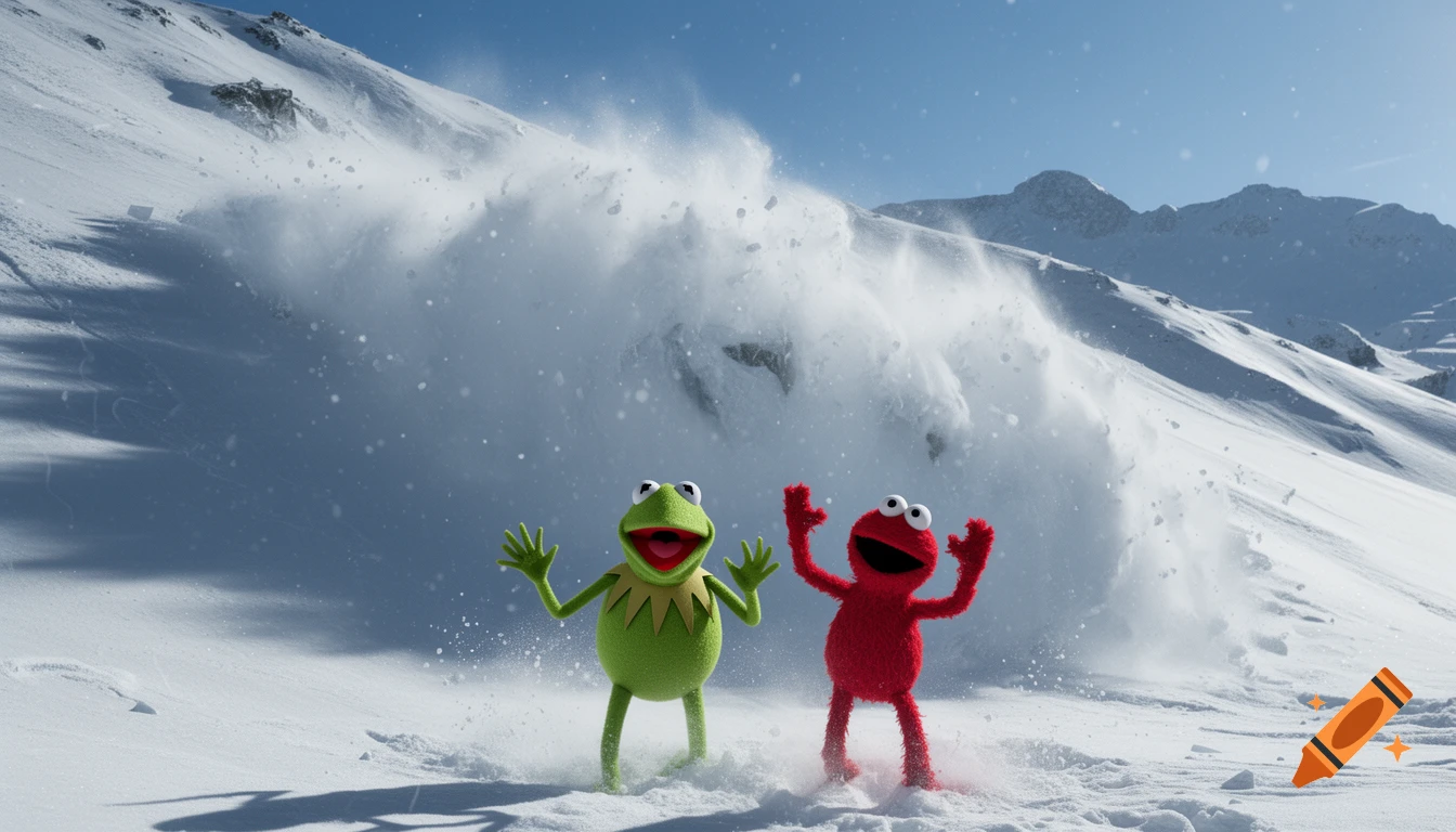 Kermit the Frog and Elmo stand in a snowy mountain landscape as an avalanche crashes behind them, photorealistic.