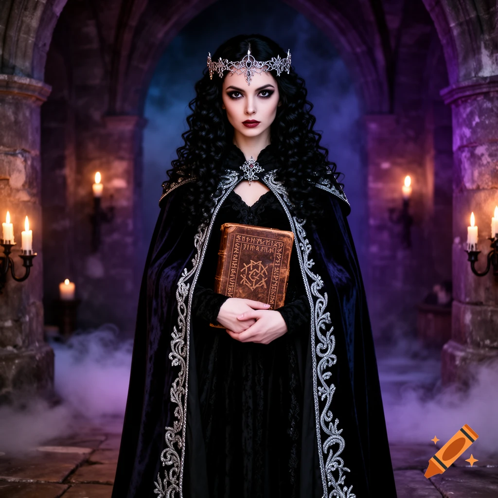 A dark-haired woman in a gothic black velvet cape and crown holds an ancient book with arcane symbols in a candlelit stone chamber.