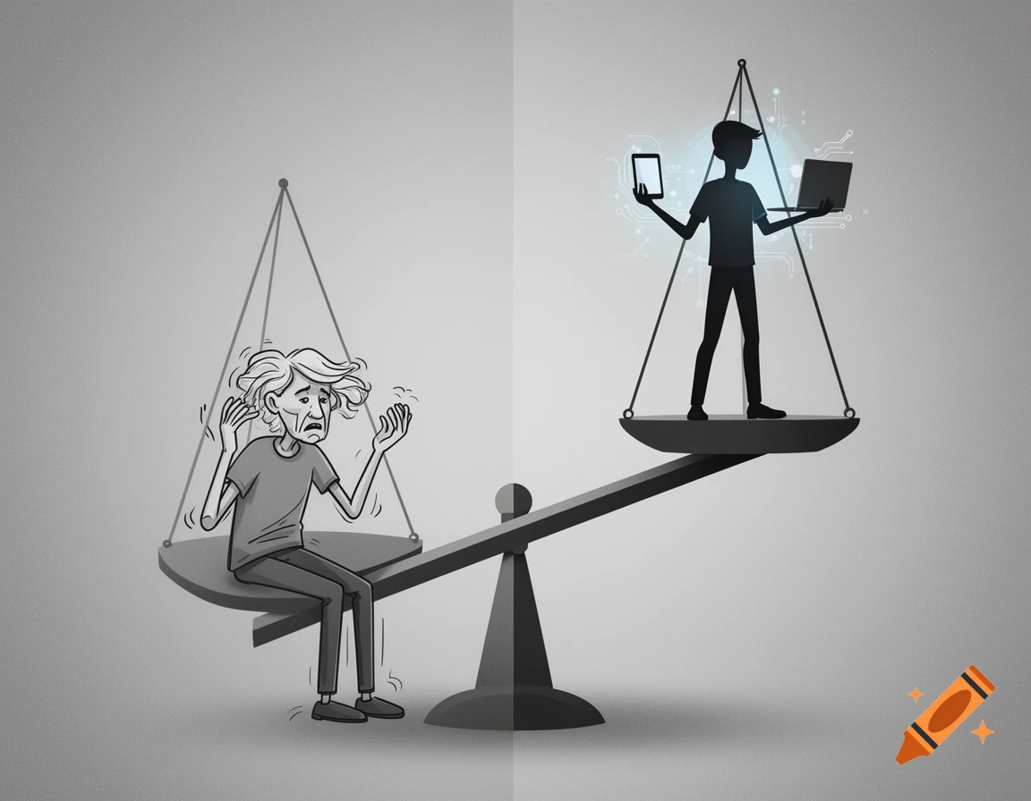 A two-sided scale with an overwhelmed older person on the low side and a tech-savvy young person on the high side, against a grey background.