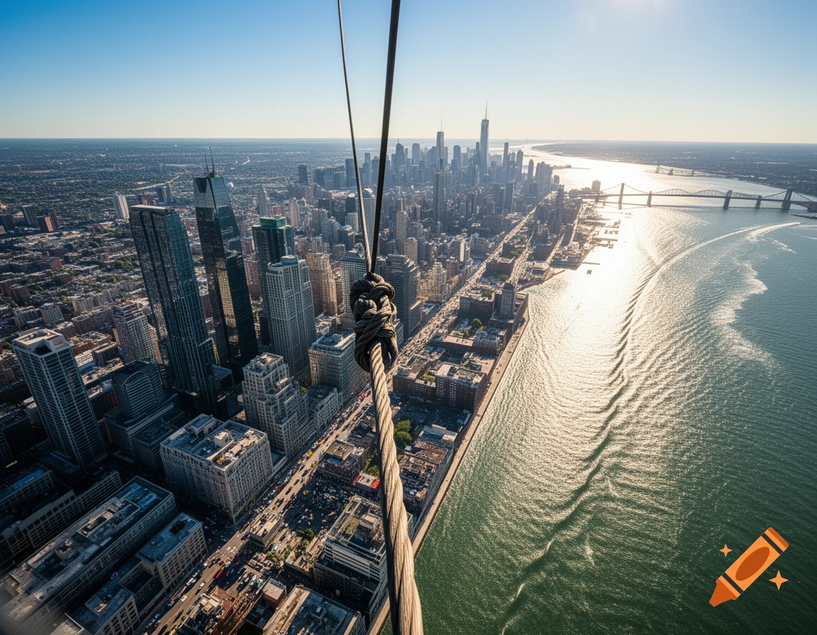 Aerial view of a bustling city skyline by a shimmering river with a bridge, a rope dangling from above.