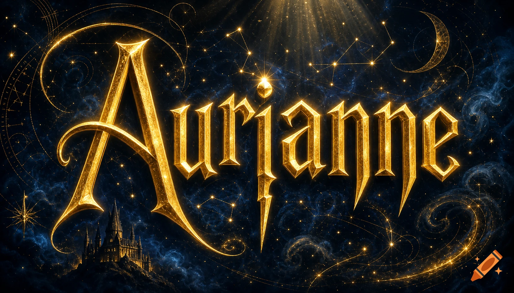 Golden, stylized text "Aurianne" in a magical font, set against a dark blue starry night sky with a castle silhouette and celestial patterns.