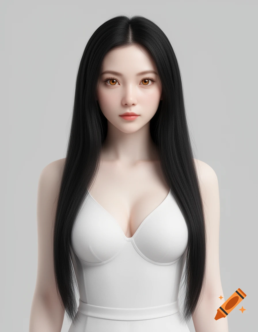 Photorealistic digital portrait of a young woman with long black hair, light skin, and brown eyes, wearing a white top.