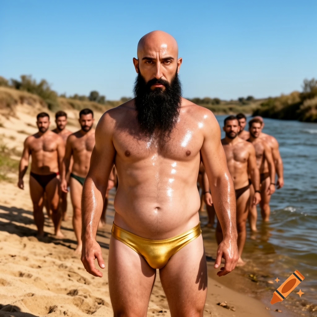 A bald, bearded man in a shiny gold swim brief stands on a sandy riverbank, looking intently at the camera, with other men behind him.