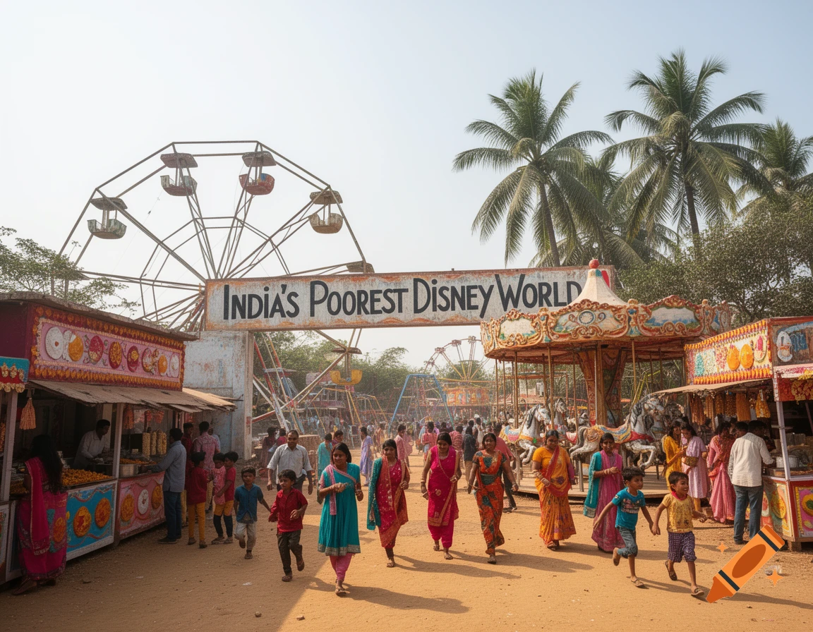 A crowded, rustic Indian amusement park with a Ferris wheel, carousel, and food stalls, under a clear sky.