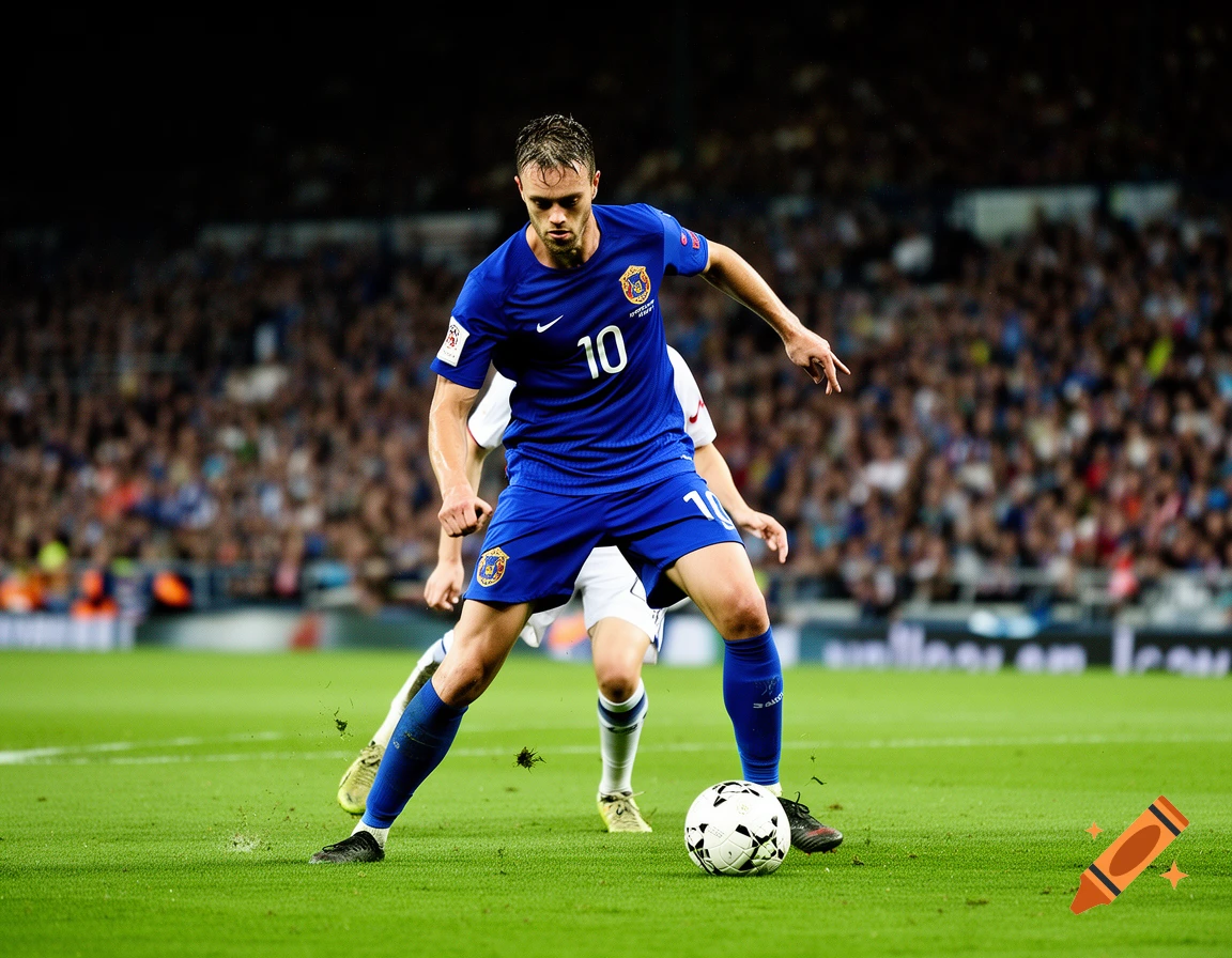 A male soccer player in a blue jersey with number 10 on the field with a soccer ball, during a game in a stadium.