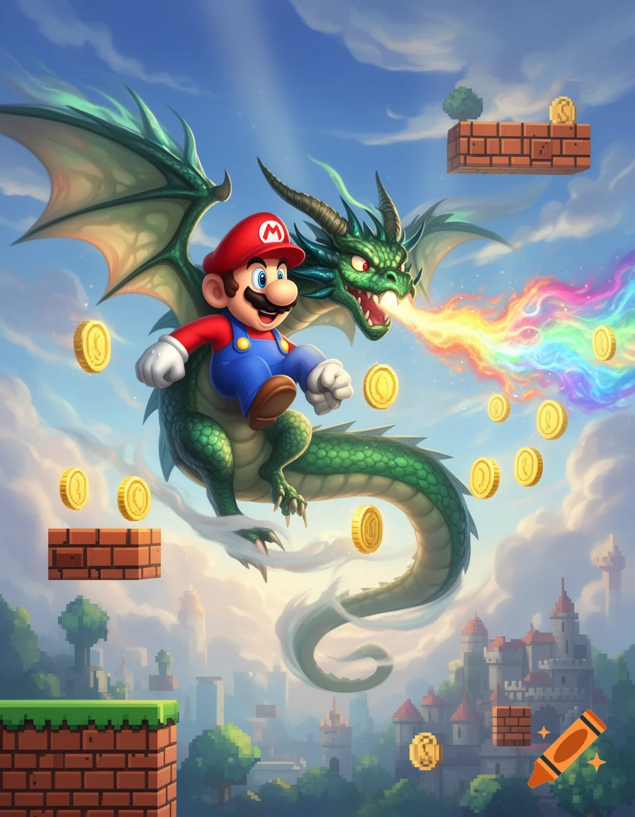 Mario rides a green dragon that breathes rainbow fire, flying over a landscape with pixelated platforms and golden coins.