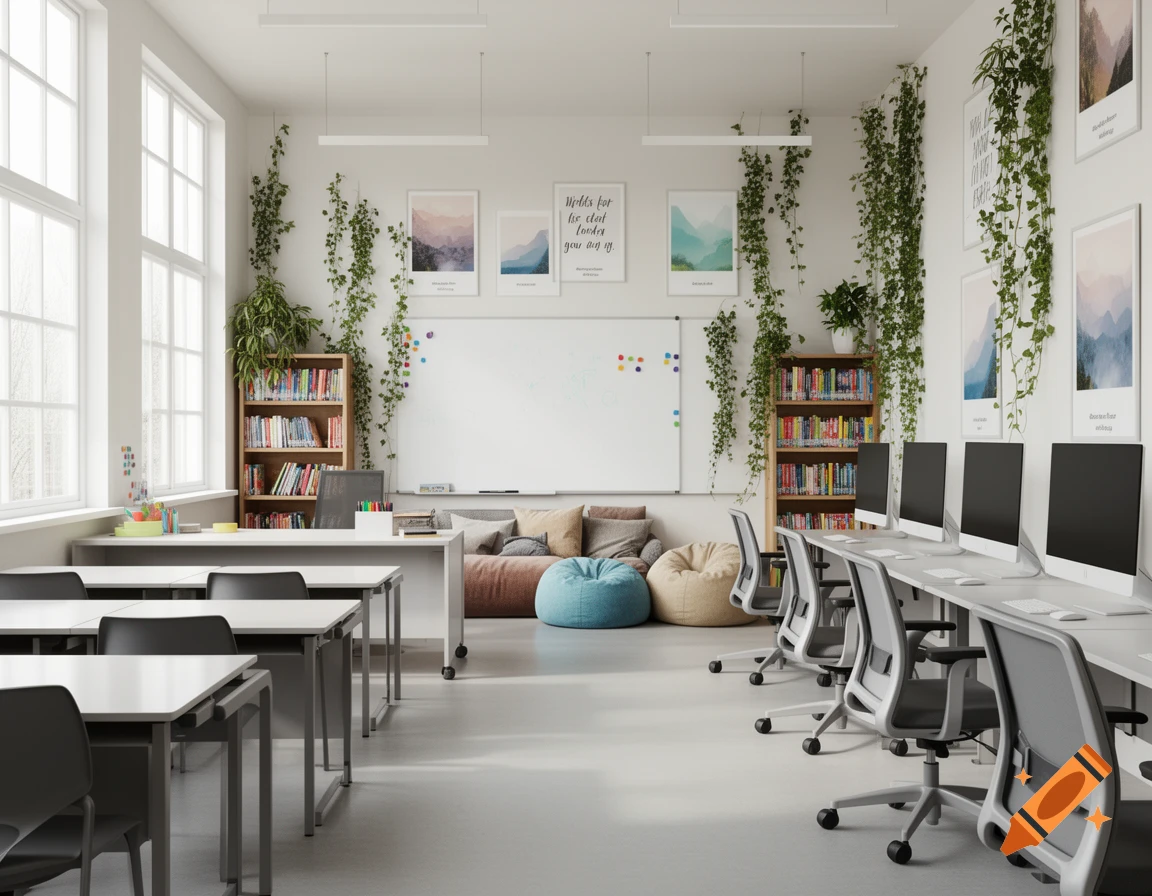 A modern, bright high school classroom with desks, computers, bookshelves, a whiteboard, bean bags, and climbing plants.