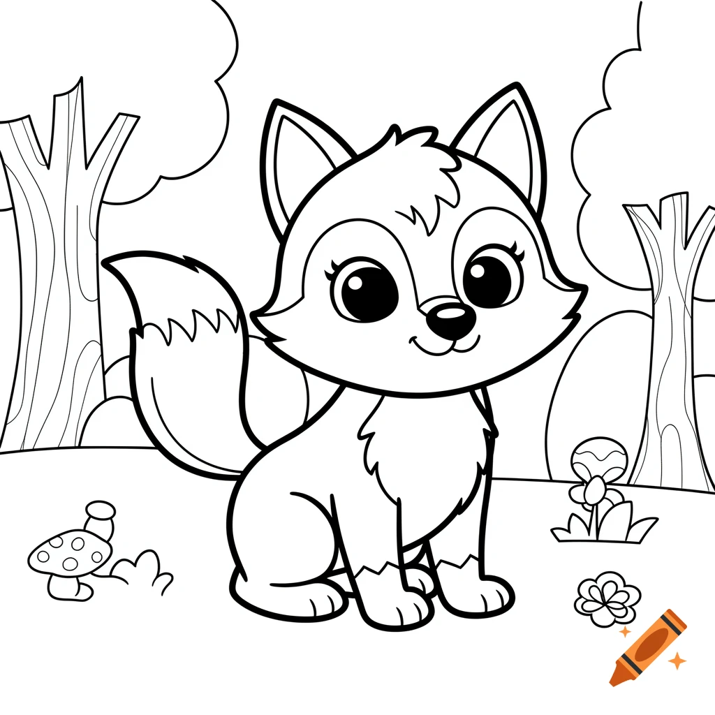 A cute cartoon wolf with thick black outlines sits in a forest scene with trees, mushrooms, and flowers, in a children's coloring book style.