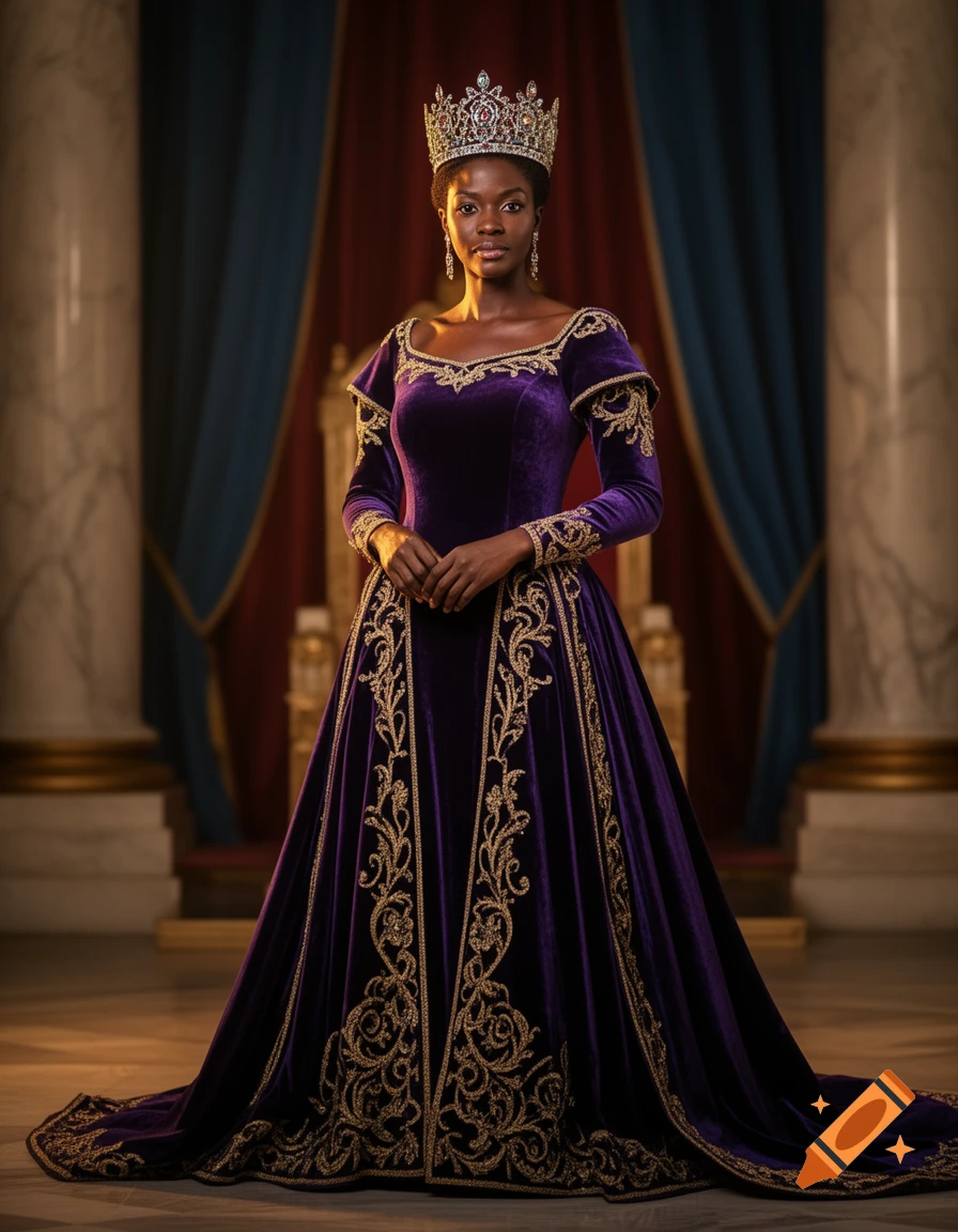 A Black queen stands majestically in a purple and gold embroidered velvet gown and a jeweled crown, in a grand hall.