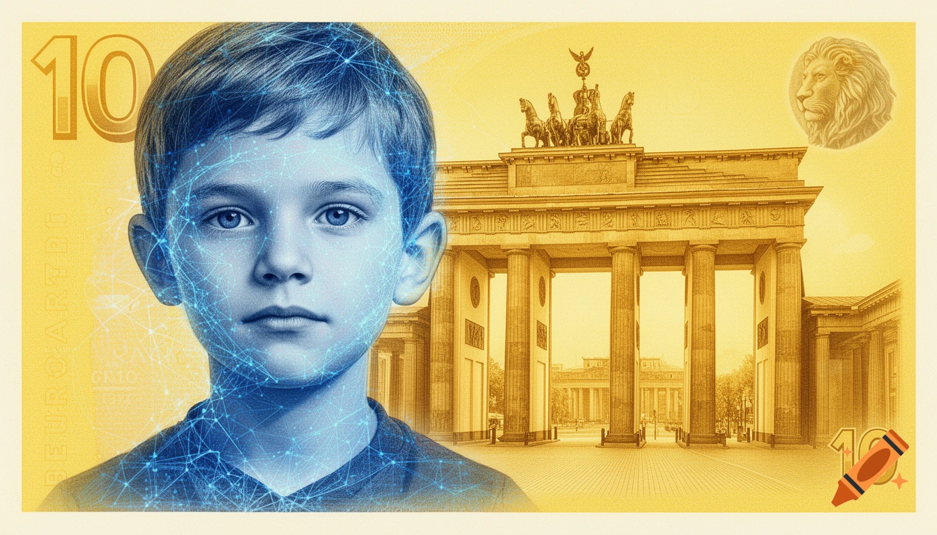 A stylized golden 10 Euro banknote featuring a boy's face merged with a blue AI network, the Brandenburg Gate, and a lion watermark.
