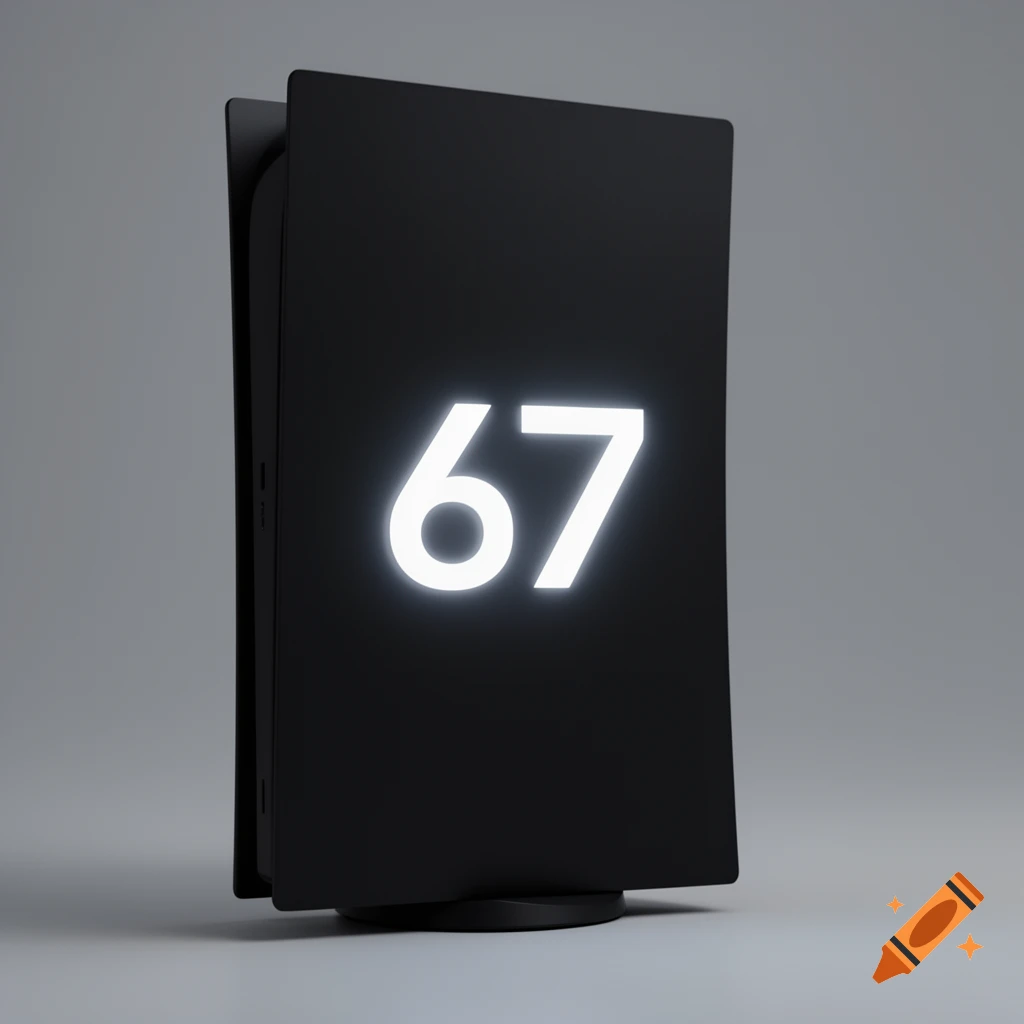 A black PlayStation 5 console standing upright, with the glowing white number '67' prominently displayed on its front panel.