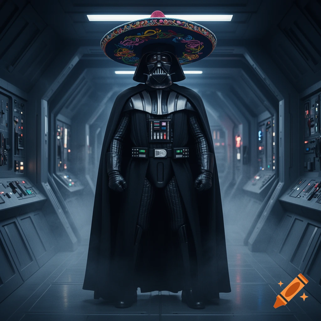 Darth Vader wearing a colorful embroidered sombrero stands in a futuristic spaceship corridor.