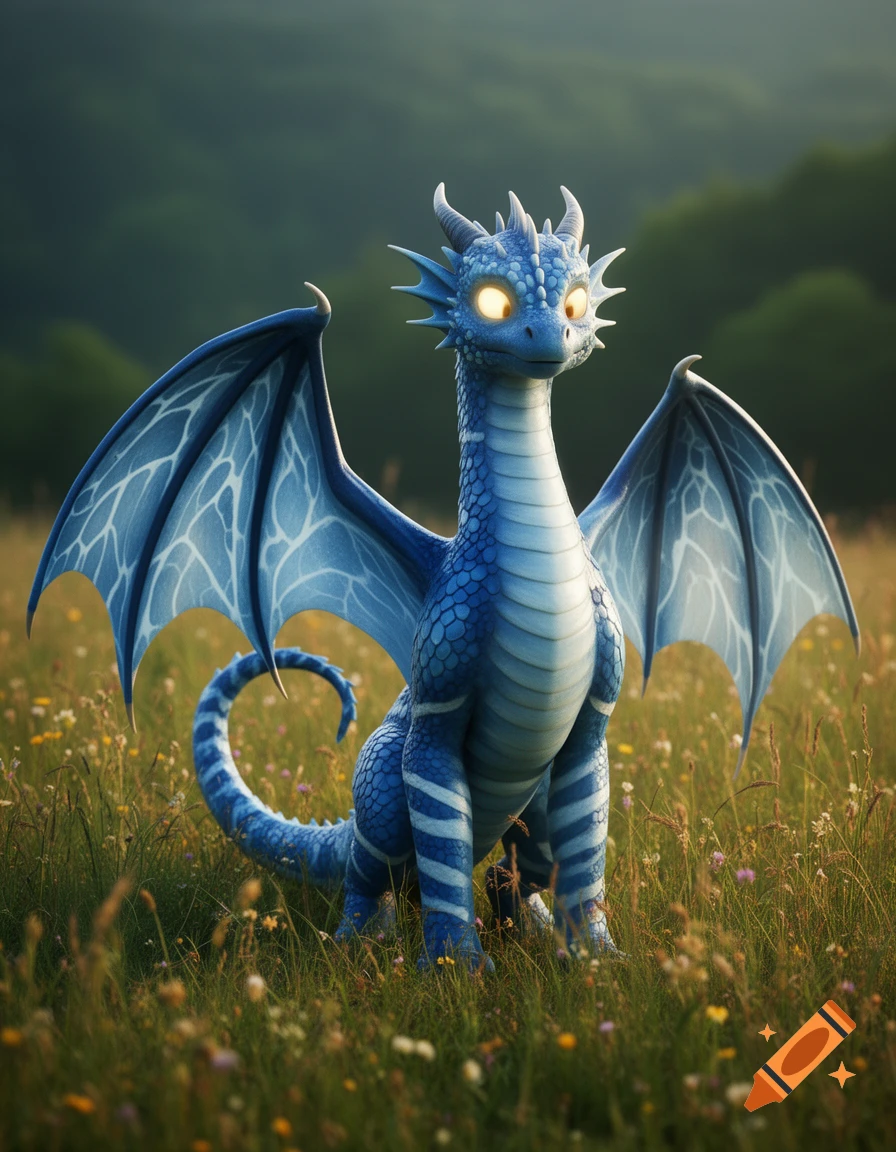 A stylized blue and white striped dragon with glowing yellow eyes sits in a field of wildflowers.