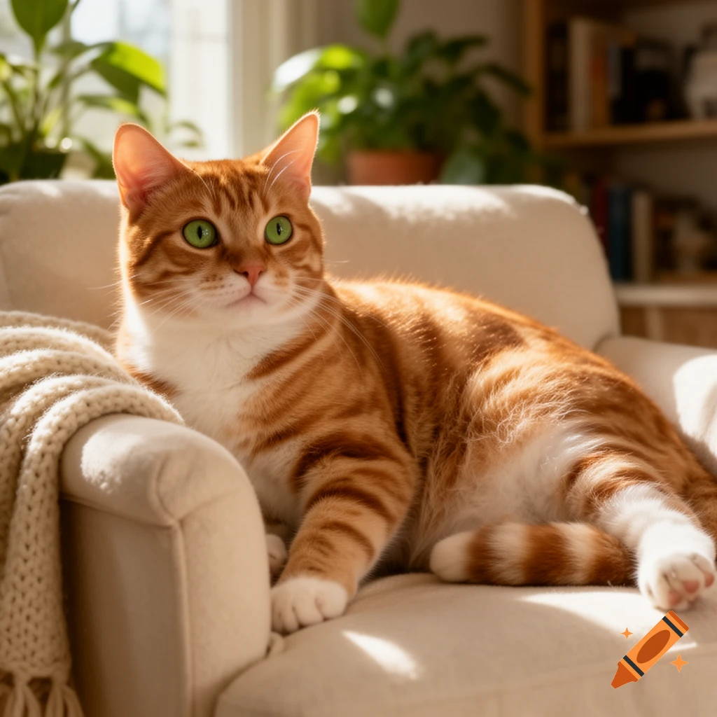 An orange tabby cat with vivid green eyes lounges comfortably on a cream armchair in a sunlit room with plants.