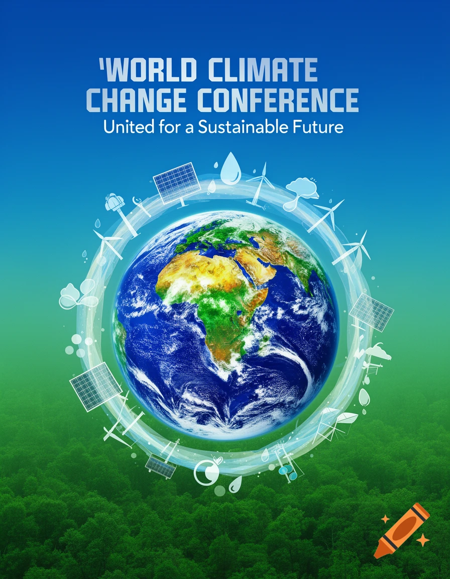 A vibrant poster depicting Earth surrounded by environmental icons like solar panels and wind turbines, with text 'WORLD CLIMATE CHANGE CONFERENCE'.
