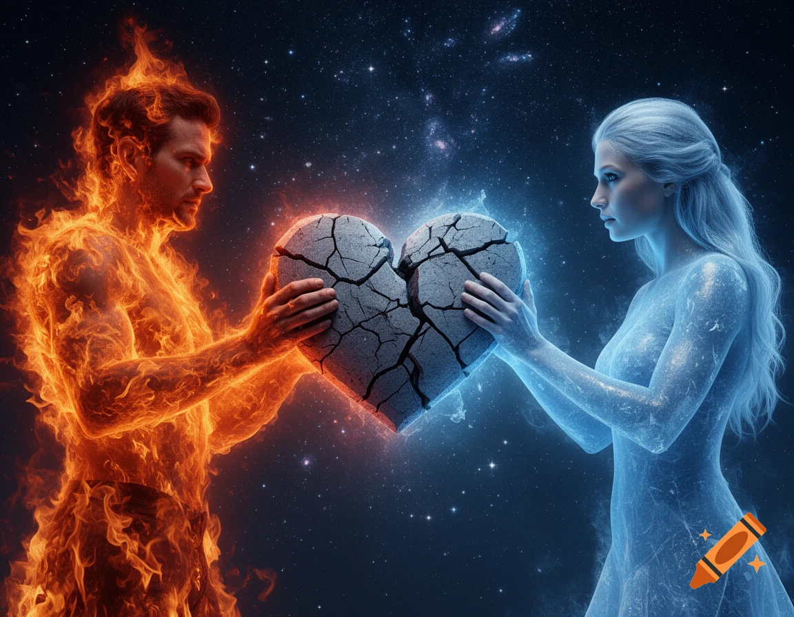 Fire-bodied man and ice-bodied woman hold a cracked stone heart under a starry night sky, looking at each other.