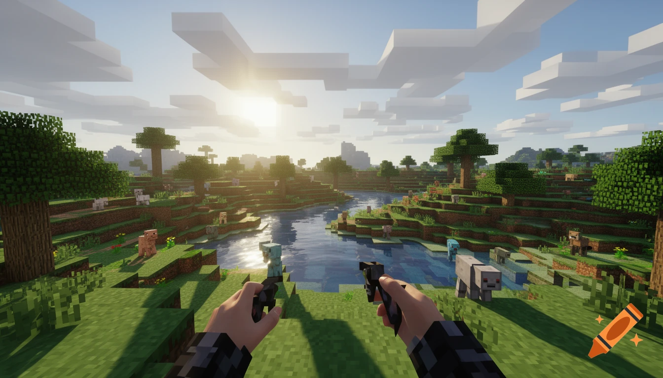 First-person view in a blocky Minecraft-style world with lush green hills, a winding river, and scattered trees under a bright sunny sky, with two hands holding small tools in the foreground.