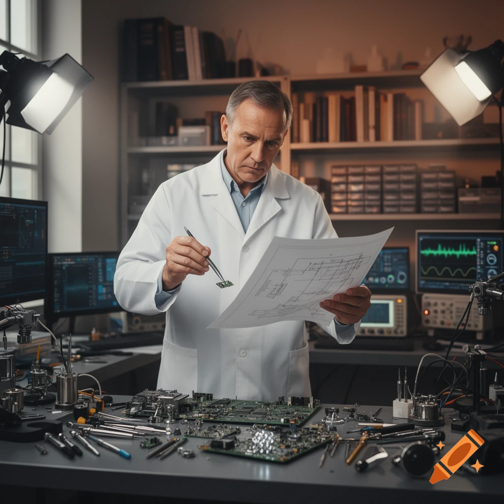 A focused engineer in a white lab coat examines a circuit board with tweezers, holding a schematic in a well-equipped electronics lab.