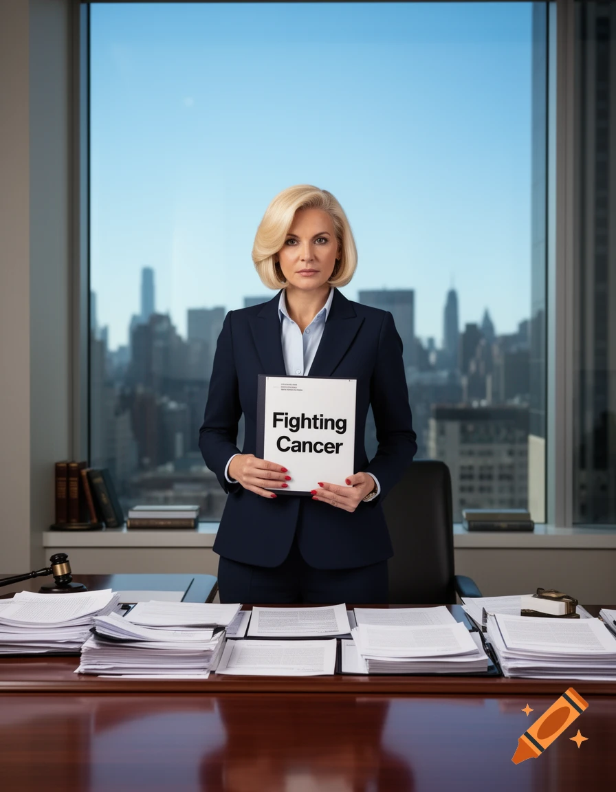 A blonde woman in a navy suit stands behind a desk in a high-rise office, holding a document titled "Fighting Cancer."