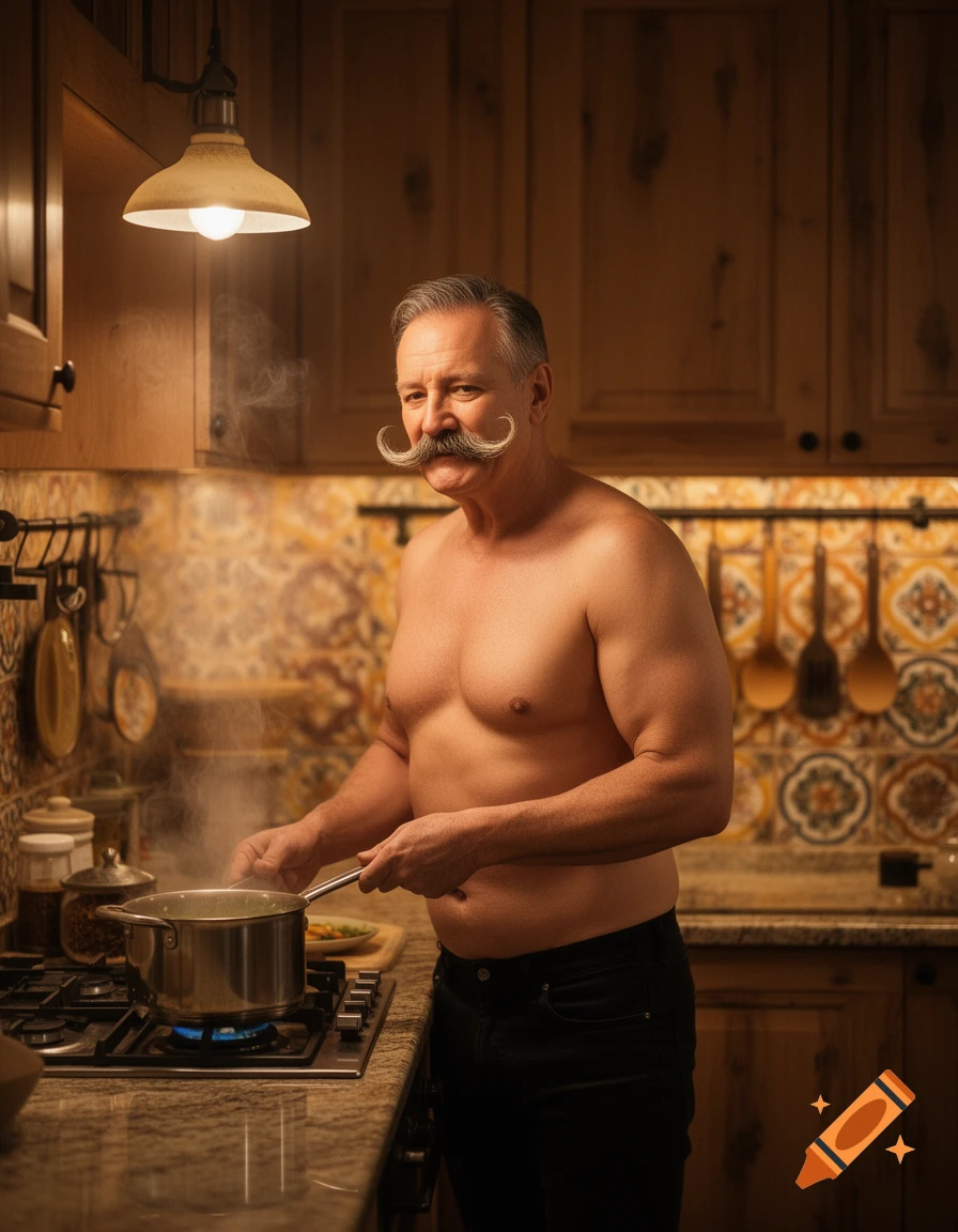 A brawny, shirtless man with a handlebar mustache smiles while cooking at a stove in a warm, rustic kitchen.