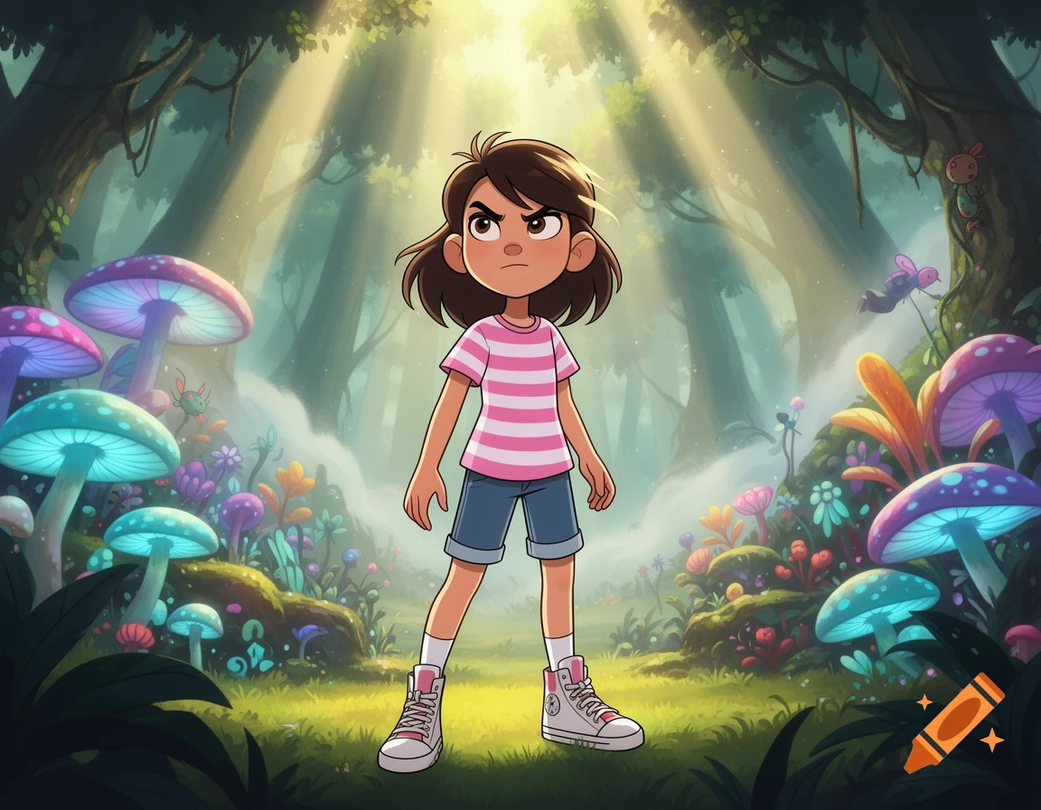 A cartoon girl with brown hair, a pink and white striped shirt, and blue shorts stands with a determined expression in a vibrant, glowing magical forest with colorful mushrooms.
