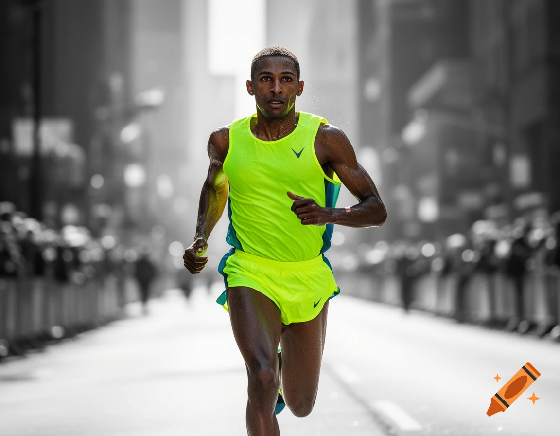 A male runner in a bright neon yellow tank top and shorts races down a street with a desaturated city background, captured in motion.