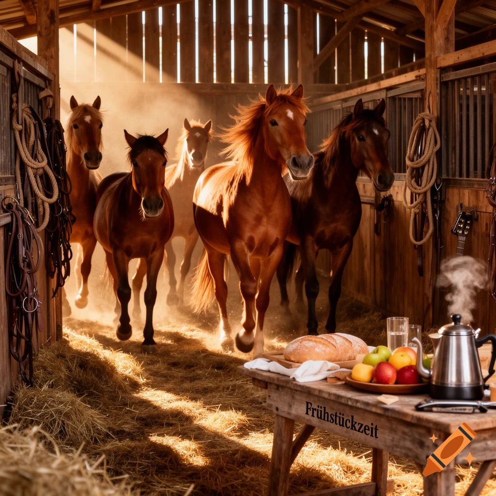 Brown horses emerge from a dusty, sunlit barn, past a wooden table laden with breakfast items.