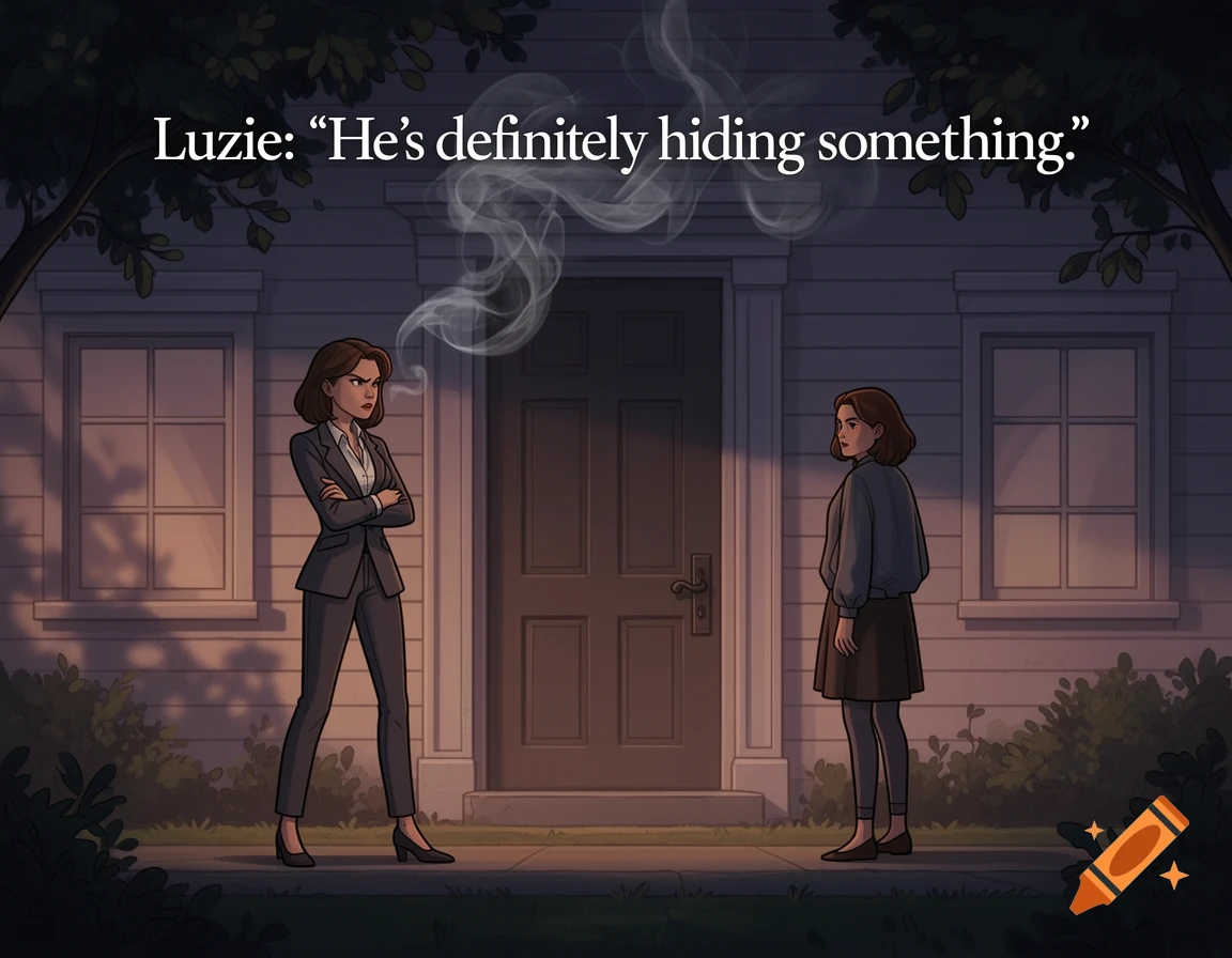 Two women, Luzie and Elodie, stand at night in front of a house. Luzie, arms crossed, says 'He's definitely hiding something.'