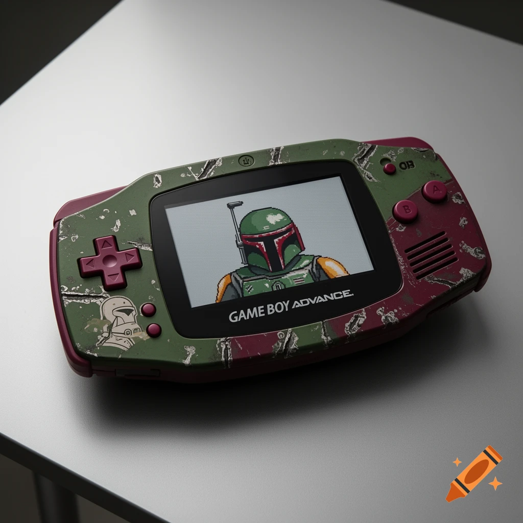 A custom Boba Fett themed Game Boy Advance showing a pixel art image of Boba Fett on its screen.