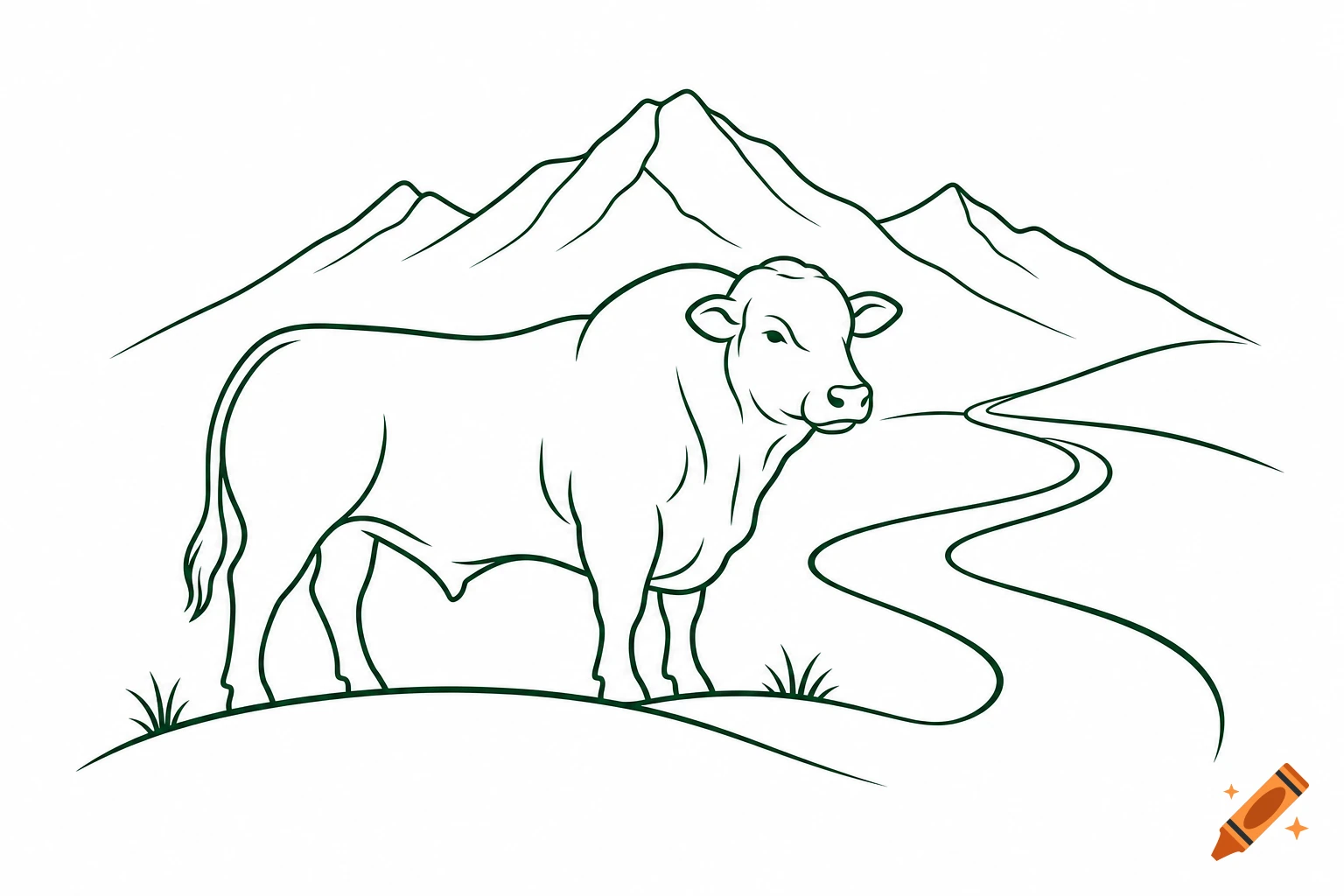 Outline drawing of a bull standing in a landscape with mountains in the background and a winding path.