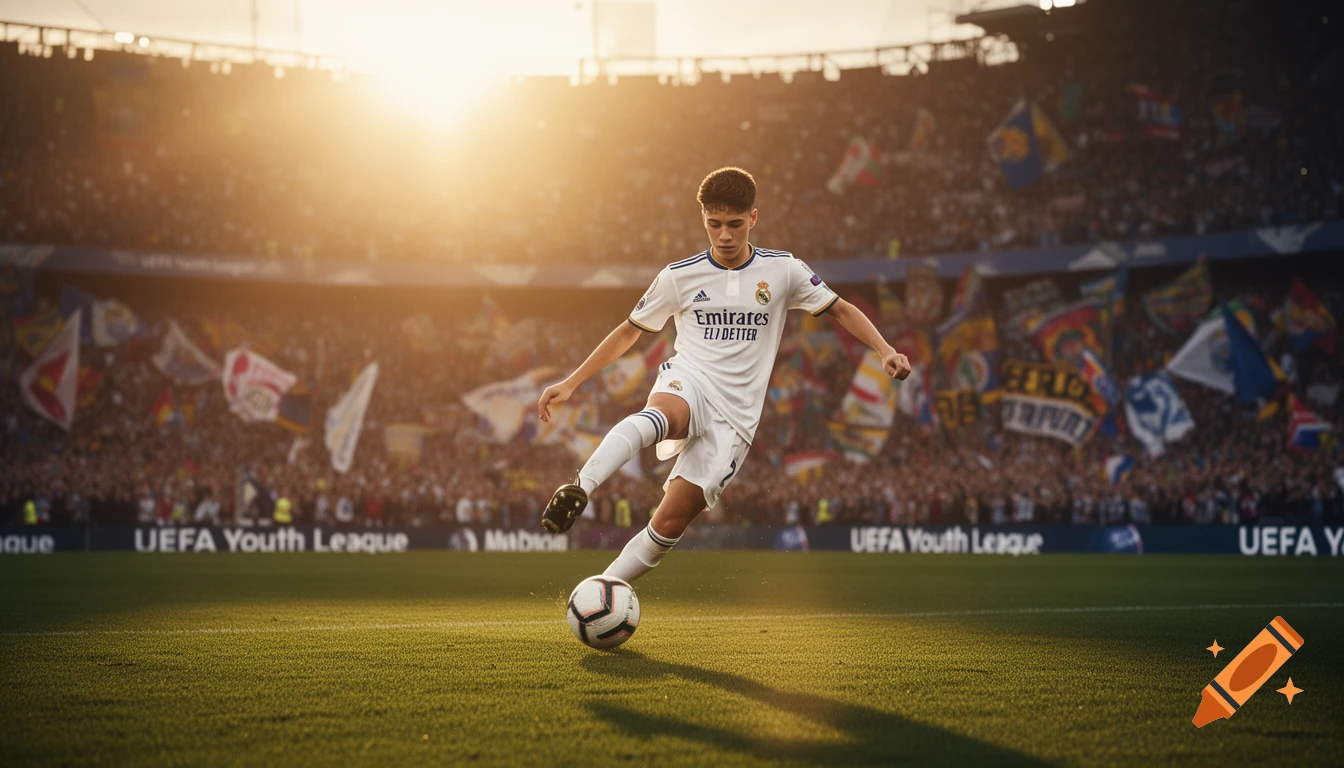 Young Real Madrid player in a white kit kicks a soccer ball on a stadium field during sunset, with a cheering crowd in the background. Photorealistic style.