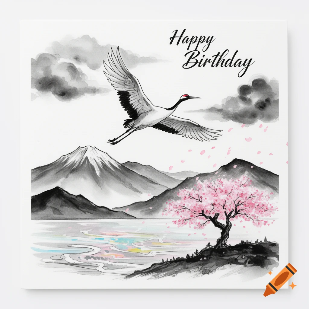Japanese ink painting of a crane flying over mountains, a lake, and a blooming cherry tree with 'Happy Birthday' text.