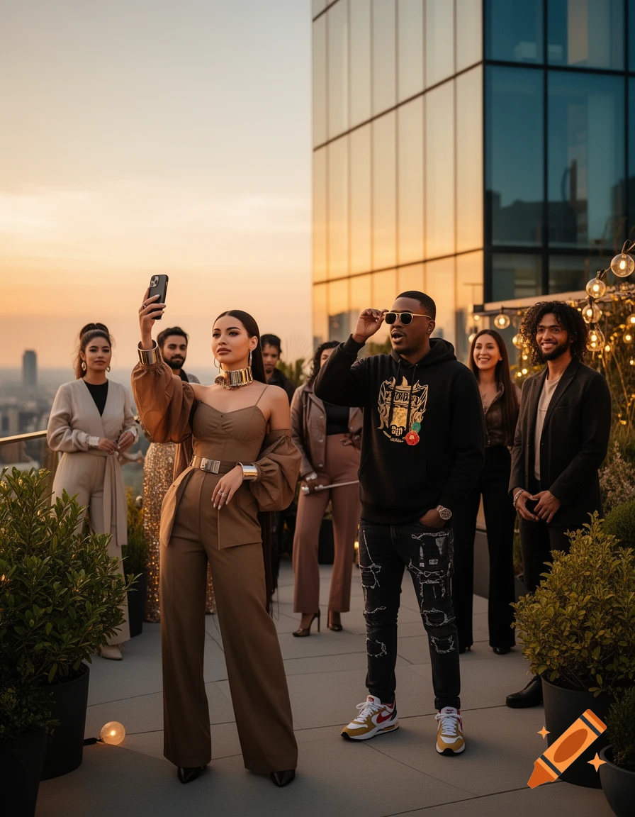 A diverse group of people socializing on a rooftop during sunset, with a cityscape in the background. The woman in the foreground takes a selfie.