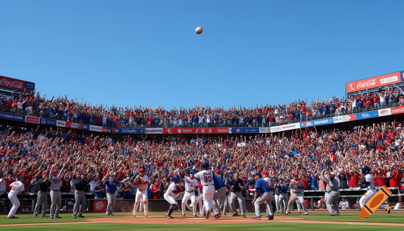 A baseball flies high above a stadium filled with a massive, cheering crowd with their arms raised as players stand on the field.