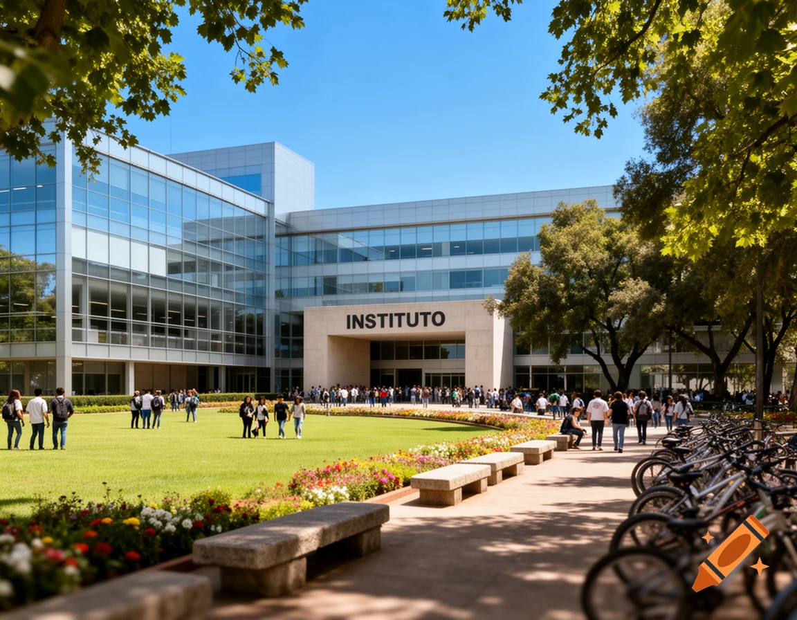 A modern building with 'INSTITUTO' on its facade, surrounded by a green lawn, trees, and people on a sunny day.