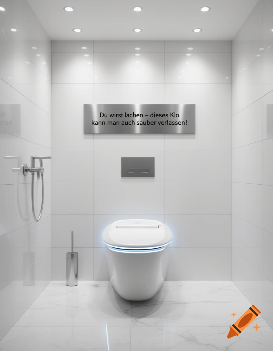 A modern, minimalist white tiled bathroom featuring a glowing, sleek toilet and a metal sign on the wall.