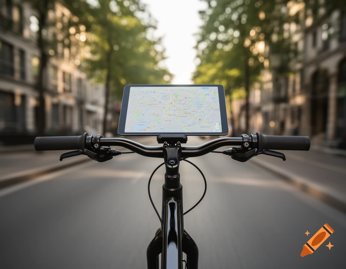 View from a bike's handlebars, a tablet mounted displaying a map, on a city street with blurred buildings.