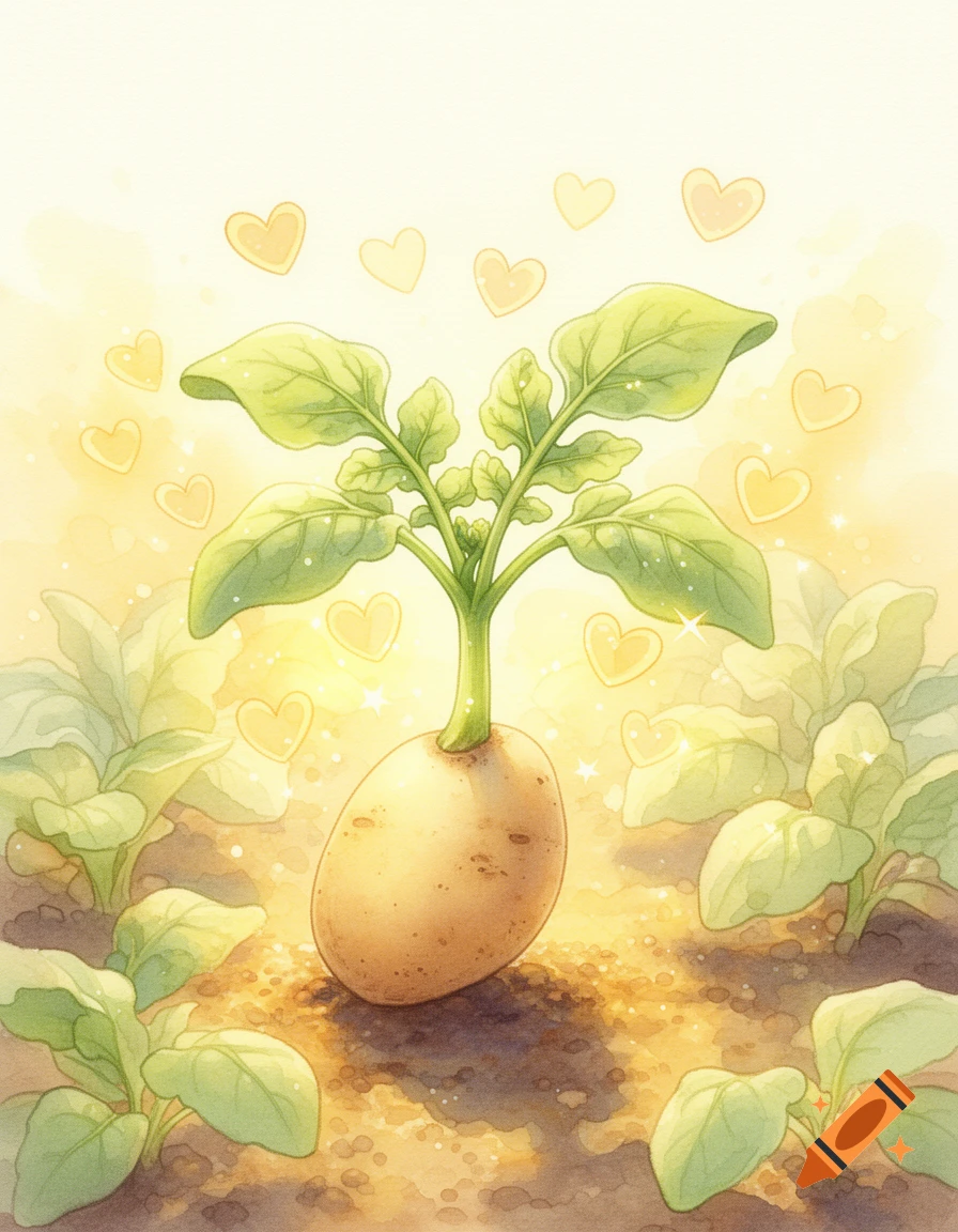 A whimsical watercolor illustration of a cute potato sprout growing in a sunny garden, surrounded by glowing hearts and warm light.