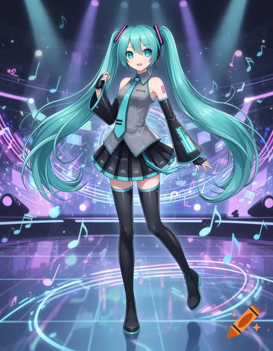 Hatsune Miku, an anime character with long turquoise pigtails, stands on a vibrant stage with musical notes and glowing lights.